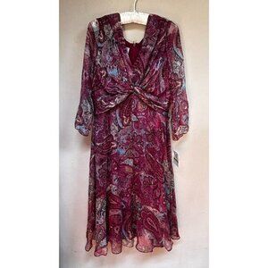 Suzi Chin Maggy Boutique Women Midi Dress Twist Front Paisley Mauve Wine 14 New